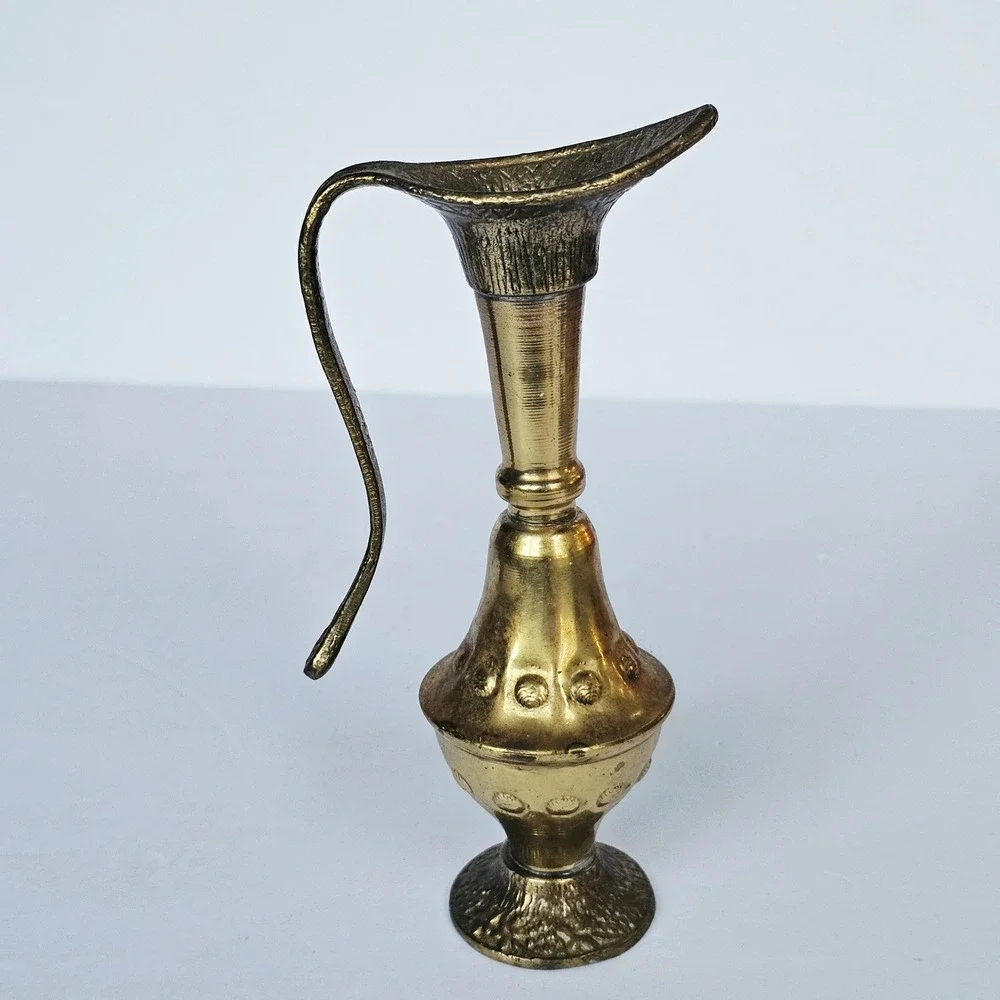 Vintage Perri Brass Pitcher Ewer Tall Neck Embossed Decorative Gold Vase 7.5